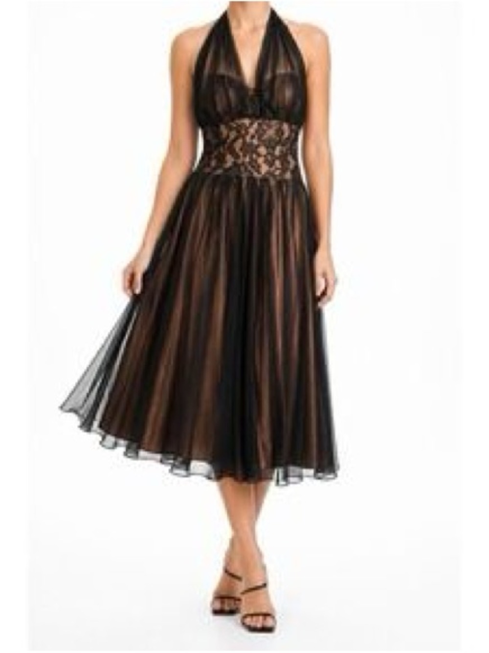 Black and brown Halter Lace-Waist Midi Dress